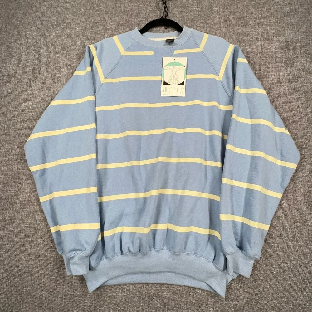 Vintage 90s Nucleus Sweatshirt Mens M Blue Yellow Striped Raglan Crewneck NEW